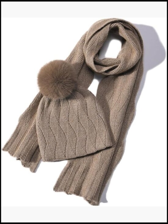 Wool Blend Beanie & Scarf Set with Detachable Pom Pom, Winter Hat Scarf Set